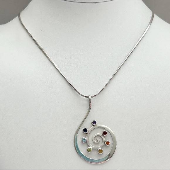 Multi Gemstone Seven Chakra Spiral Sterling Silver Necklace - Picture 4 of 8